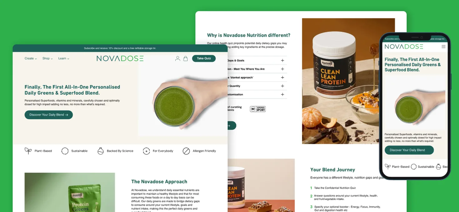 Novadose redesign on desktop and mobile: homepage hero, product detail and blend journey